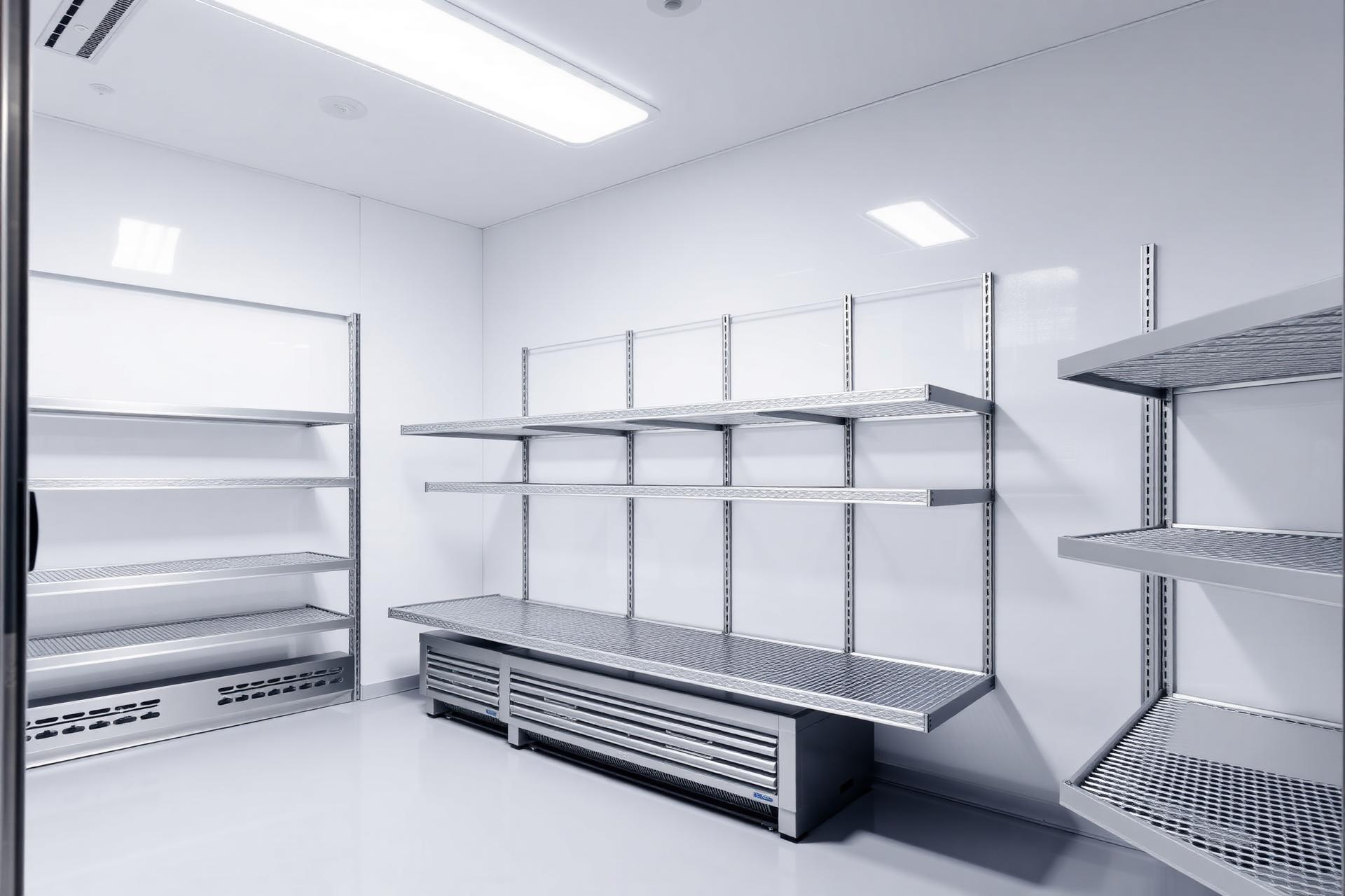 Modern walk-in cold room with stainless shelves